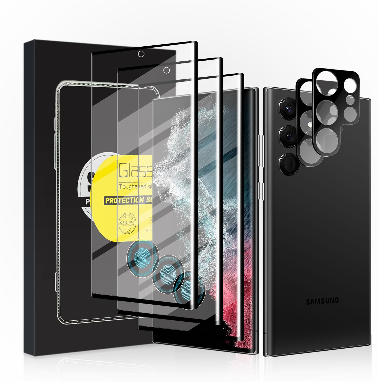 AOCOAKW 3Pack Galaxy S22 Ultra Glass Screen Protector, 2Pack Camera Lens Film 9H Hardness 3D Fulll Coverage Case Friendly Compatible with Ultra Sonic Fingerprint For Galaxy S22 Ultra 6.8”