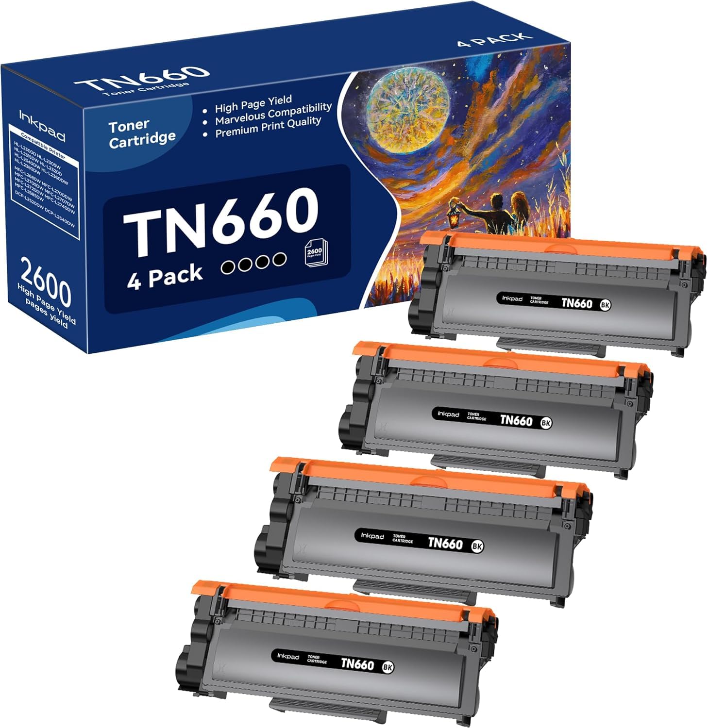 Photo 1 of TN660 Toner Cartridge High Yield Replacement Compatible for Brother TN 660 TN-660 TN630 to use with HL-L2380DW HL-L2360DW MFC-L2700DW MFC-L2740DW HL-L2340DW DCP-L2540DW Printer Black 4 Pack