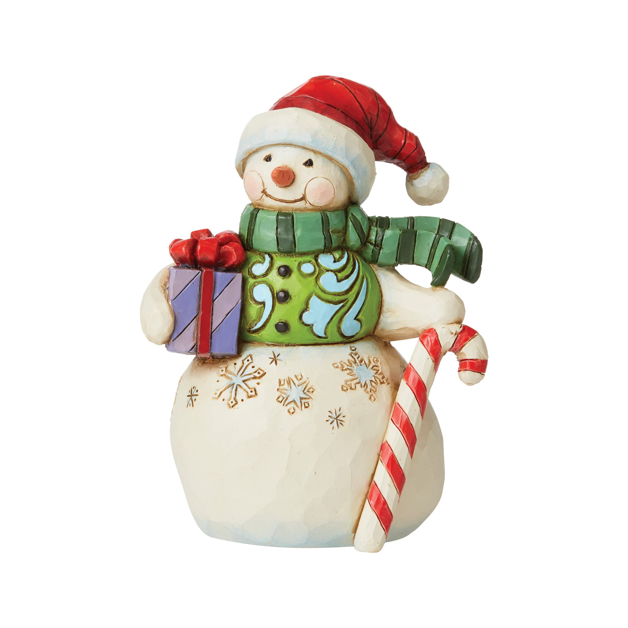 Enesco Jim Shore Heartwood Creek Snowman with Gift and Candy Cane Miniature Figurine, 3.5 Inch, Multicolor