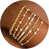 Turandoss 6PCS Beaded Initial Bracelets for Women Girls - 18K Gold Plated Beaded Initial Letter Bracelet Initial A-Z Stretch Bead Stackable Bracelet Jewelry Gifts for Her