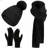 Winter Beanie Hat Scarf Gloves Set for Women Knit Touchscreen Gloves with Warm Pom Pom Satin Lined Hat Long Knit Scarf 3 In 1