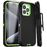 GYJ for iPhone 15 Pro Max Case 6.7" Belt-Clip Kickstand Holster with 2 Screen Protector, Full Body Heavy Duty Military Grade Cover Drop Protection Phone Case (Black Green+Clip)