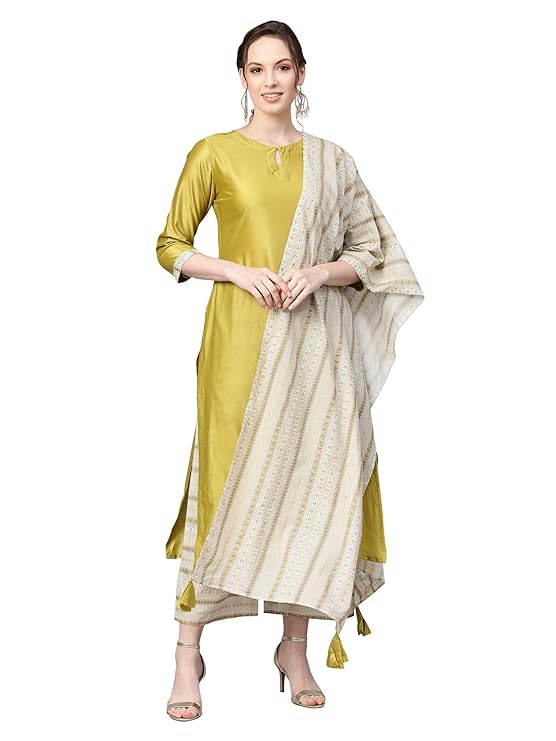 Women's Cotton Straight Kurta Sets (Green)