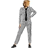 Women's Black and White Striped Suit Include Open Front Striped Blazer Leggings Length Pant with Tie for Halloween