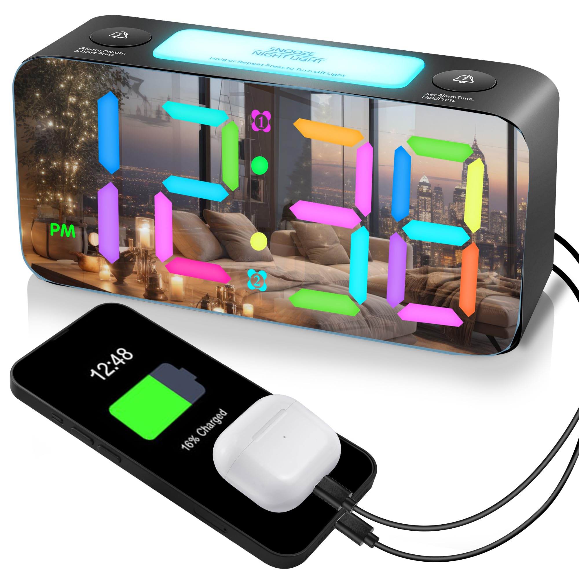 Photo 1 of Dynamic RGB Mirror Alarm Clock for Bedroom, 15-Color Mode/7" Large LED Screen/3 Dimmer + OFF,7 Color Nightlight,2 USB Phone Charger,5-Level Loud Alarm,12/24H,Plug in Rainbow Clock for Kid Deep Sleeper