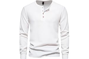 Men's Waffle Knit Henley Shirt Long Sleeve Soft Casual Pullover Top Buttons Solid Color Textured Crew Neck Shirt