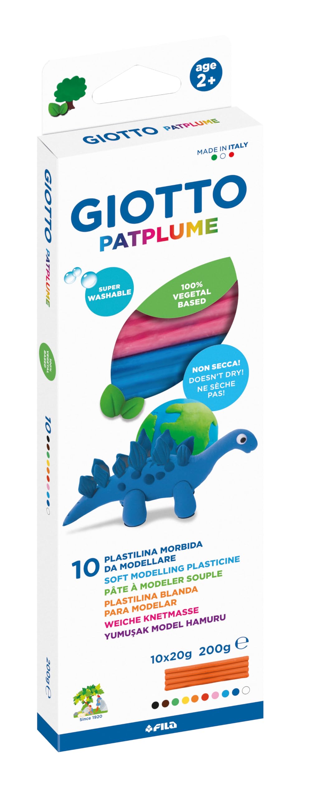 GIOTTO Patplume Soft Modelling Clay, 10 Assorted Colours, 20g, Vegetable Based Formula, Super Washable, For Children, Parties and Schools, 7.05oz