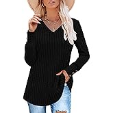 Zattcas Womens Dressy Pullover V Neck Sweaters Fall Clothes 2025 Curved Hem Puff Long Sleeve Shirts Loose Fit Tunic Tops
