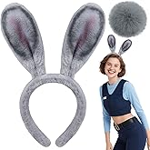 H-Style Gray Bunny Ears Headband and Tail Set for Bunny Costume Accessories Women Adult, Bendable Rabbit Ears for Halloween Cosplay Costumes