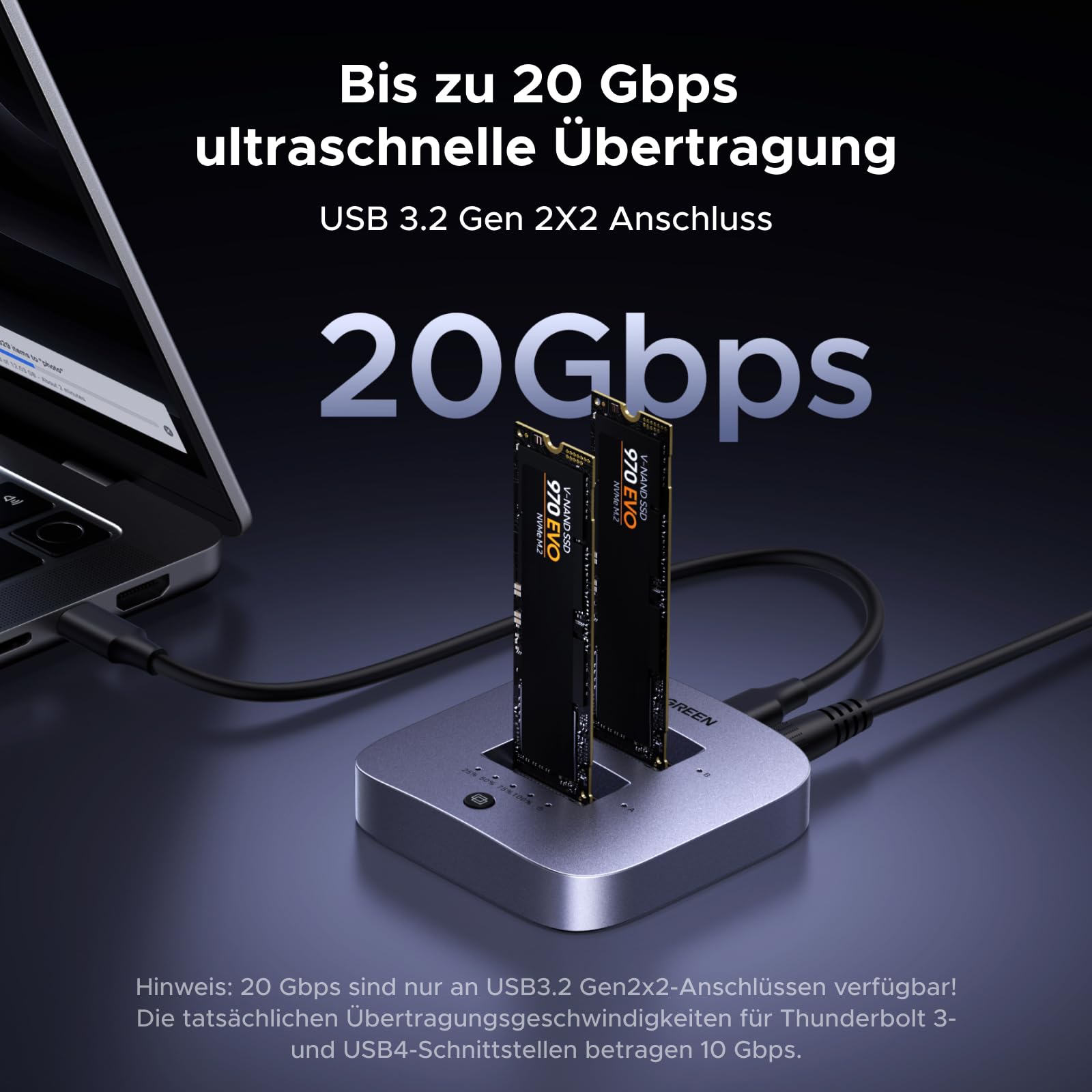 UGREEN Festplatten Dockingstation, USB 3.2 Gen 2X2 20Gbps Dual Bay NVMe SSD Gehäuse, M.2 Festplattengehäuse für M Key PCIE NVMe SSD, Offline-Klonen und UASP unterstützt 2