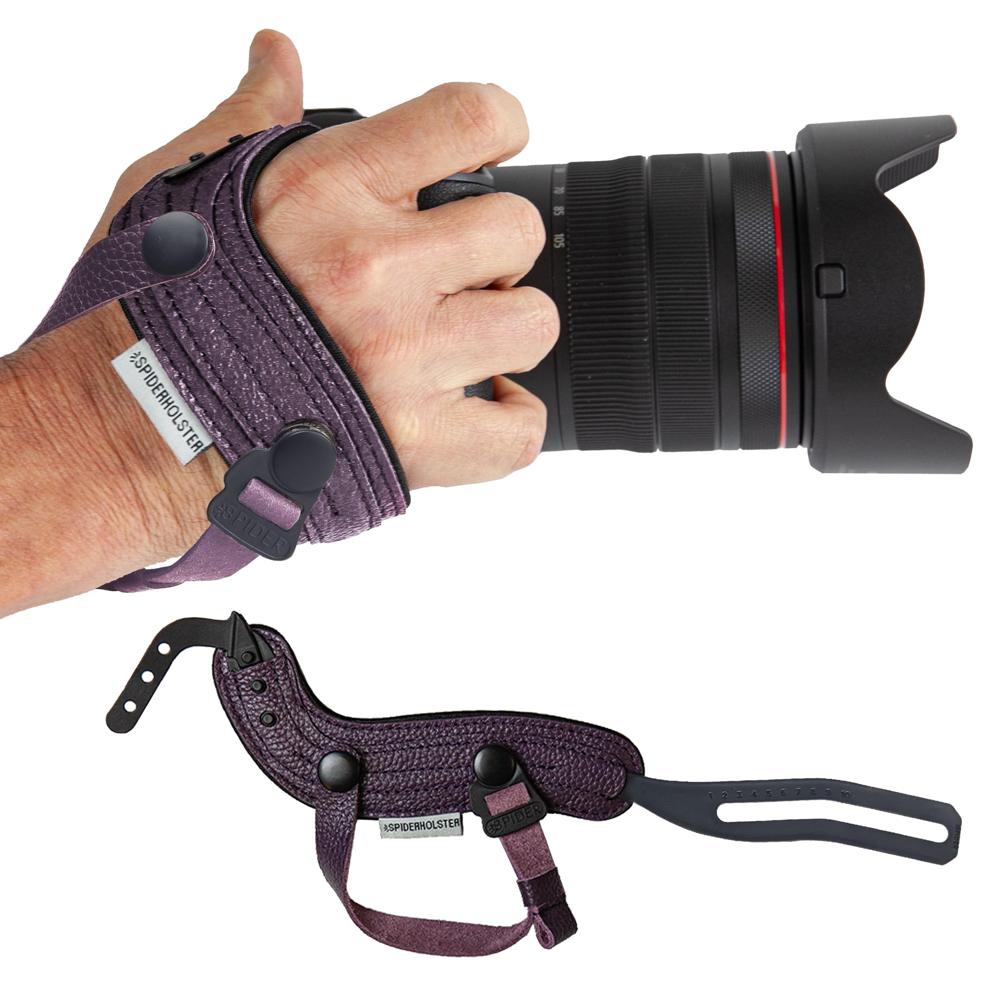 Spider Holster - SpiderPro Camera Hand Strap v2 with Snap Assembly and Optional Wrist Strap – DSLR and Mirrorless Compatible (Purple) - Genuine Leather + Memory Foam — image 1