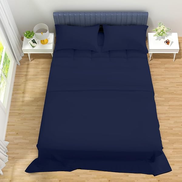 MASVIS KING SIZE MATTRESS TOPPER FOR BACK PAIN – SOFT FLAT SHEET AND PILLOWCASES – EXTRA THICK MATTRESS PAD COVER – OVERFILLED PILLOW TOP – 4 PIECE SET – NAVY BLUE