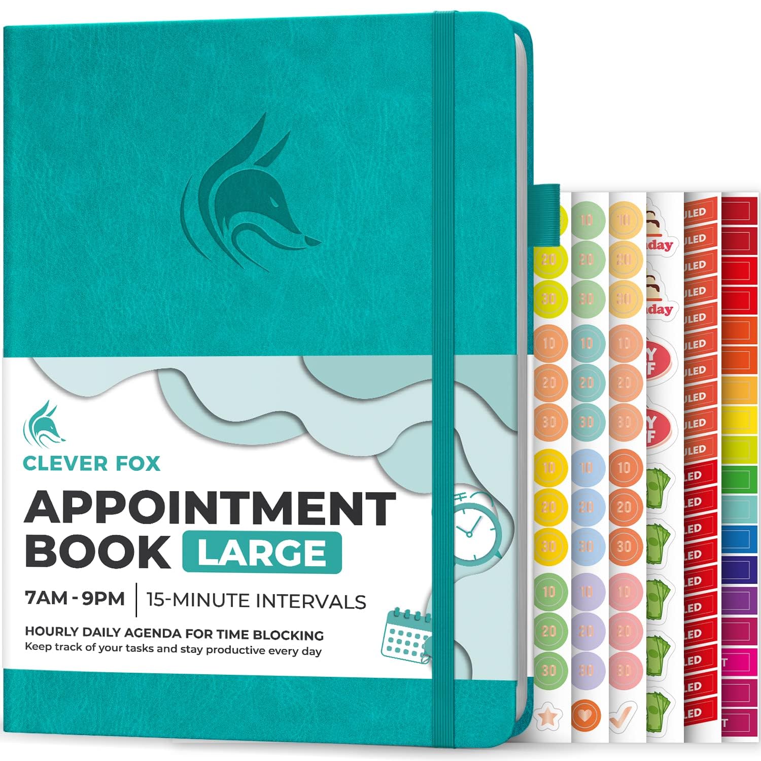 Clever Fox Appointment Book – Hourly Schedule Planner with 15-Minute Increments – Time Box Planner for Daily Work & To-Dos – Weekly & Monthly Spreads, Undated, Hardcover, A4 size, (Turquoise) — image 1