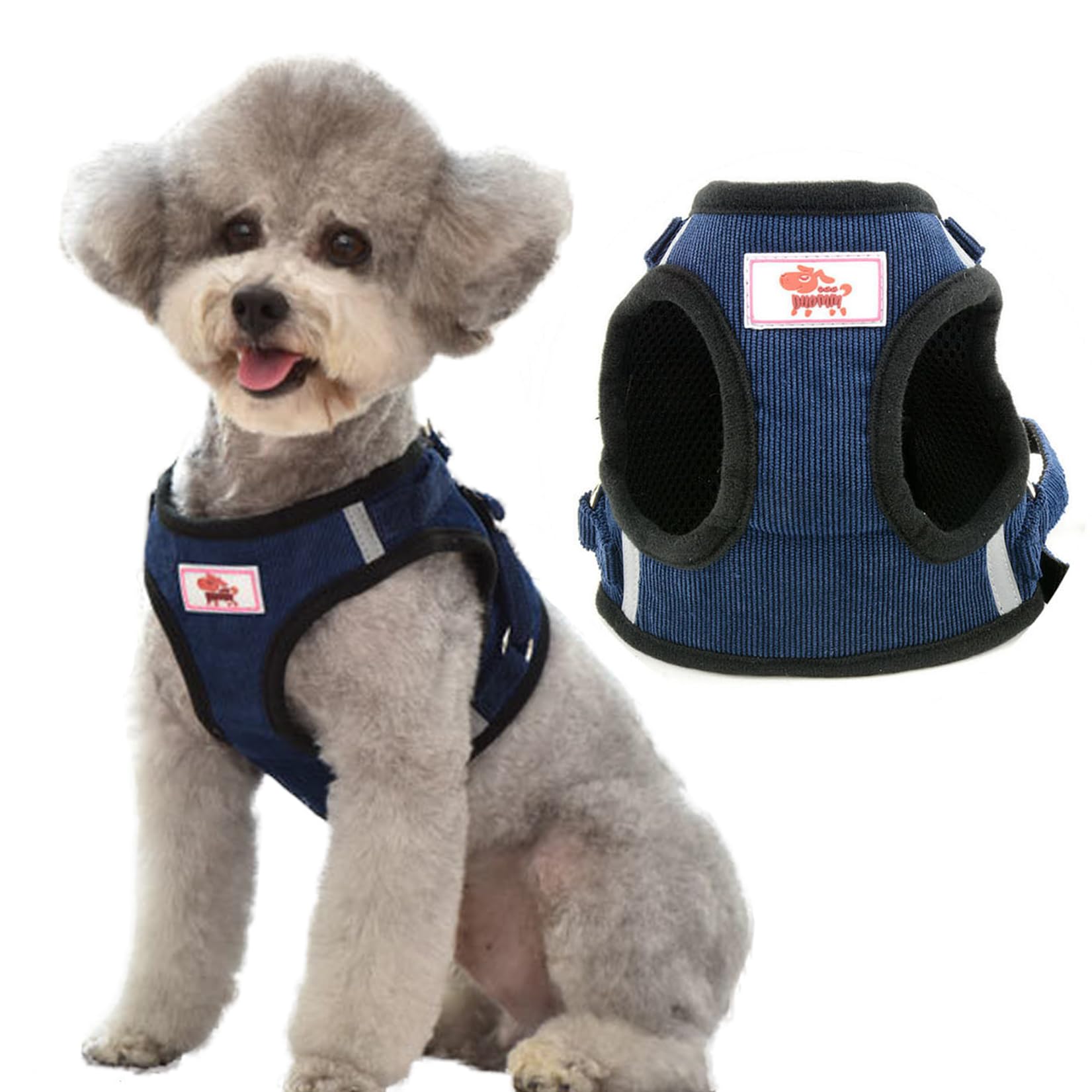 Zunea Corduroy Puppy Dog Cat Vest Harnesses and Lead Set No Pull Adjustable Reflective Step-in Small Dogs Pet Harness Escape Proof for Walking with Soft Mesh Padded Blue M