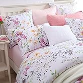 Brandream Garden Style Floral Queen Size, Pink Gray Green Branches Flower Leaf Print Bedding Set Reversible Purple Bedding Collection 1 duvet cover with 2 Pillowcases