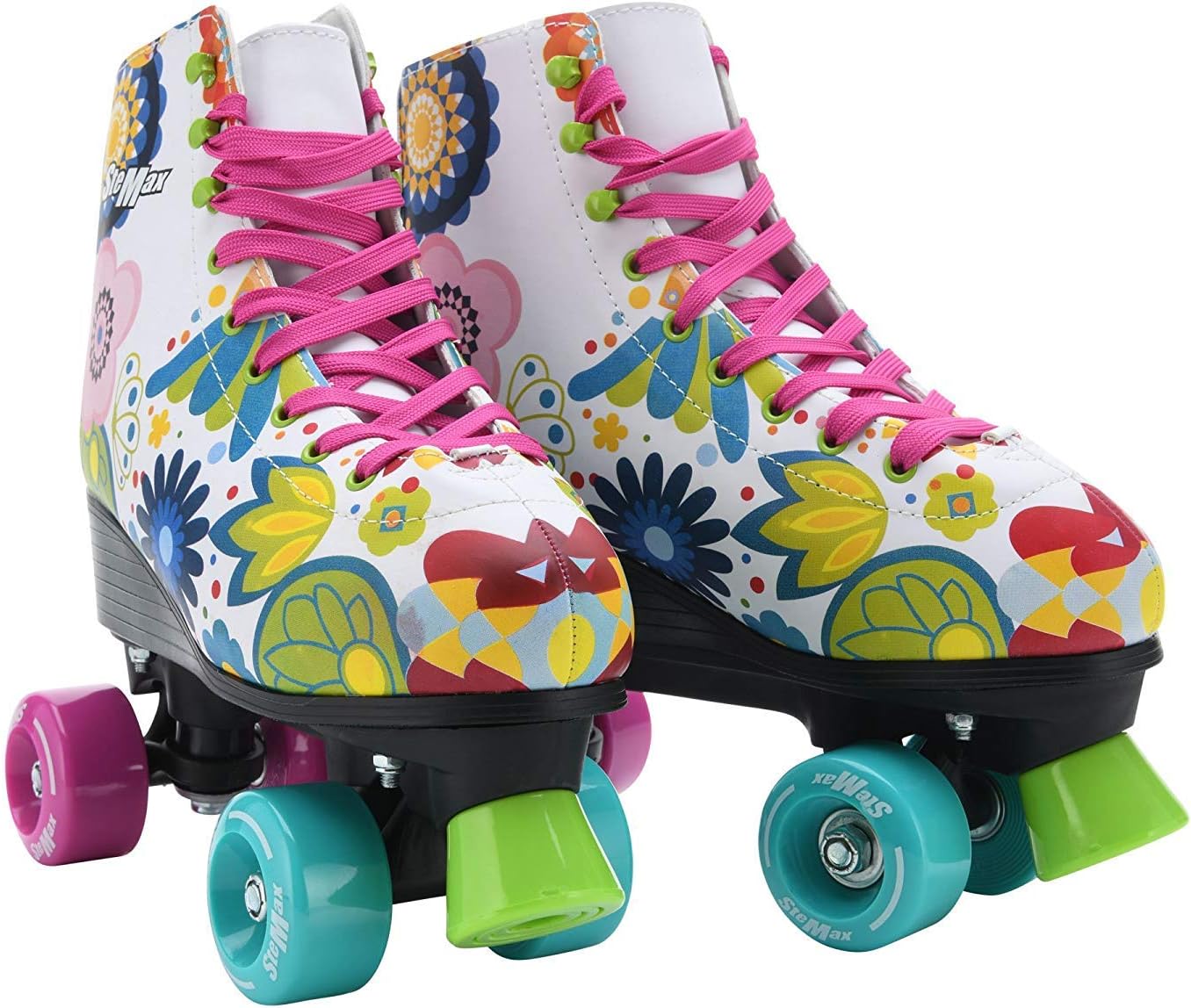 Stemax Quad Roller Skates for Girls and Women-Size 2.5 Kids to 8.5 Women -Outdoor, Indoor and Rink Skating- Classic High Cuff with Adjustable Lace System