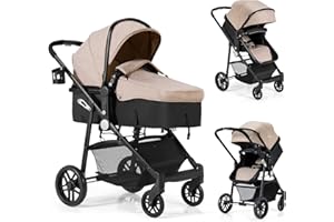 BABY JOY Baby Stroller, 2 in 1 Convertible Carriage Bassinet to Stroller, Pushchair with Foot Cover, Cup Holder, Large Storage Space, Wheels Suspension, 5-Point Harness (Light Coffee)