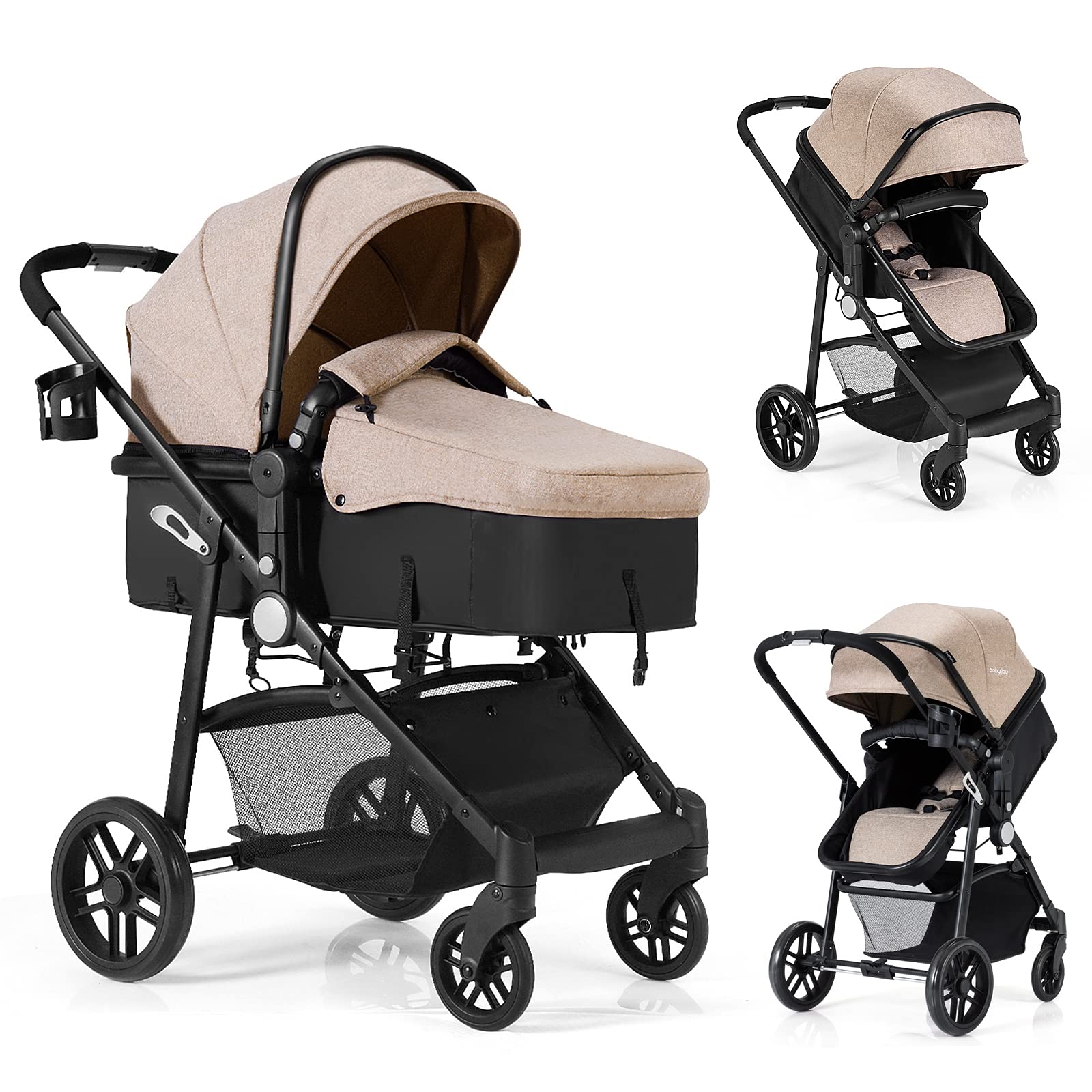 BABY JOY Baby Stroller, 2 in 1 Convertible Carriage Bassinet to Stroller, Pushchair with Foot Cover, Cup Holder, Large Storage Space, Wheels Suspension, 5-Point Harness (Light Coffee) Image