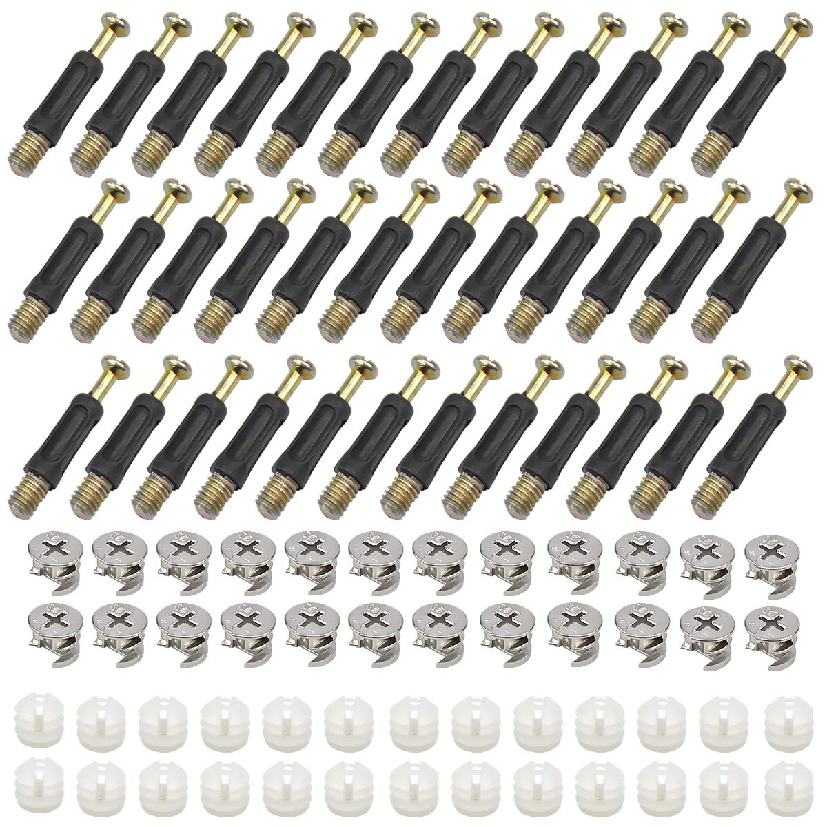 Kissral 50 Sets Furniture Connectors, Hardware Fixing Screws Set, Cam Bolt Nut and Dowel with Pre Inserted Nut, Dowel Bolts Nut Locking Cam for Fitting Furniture Table Cabinets Wardrobe
