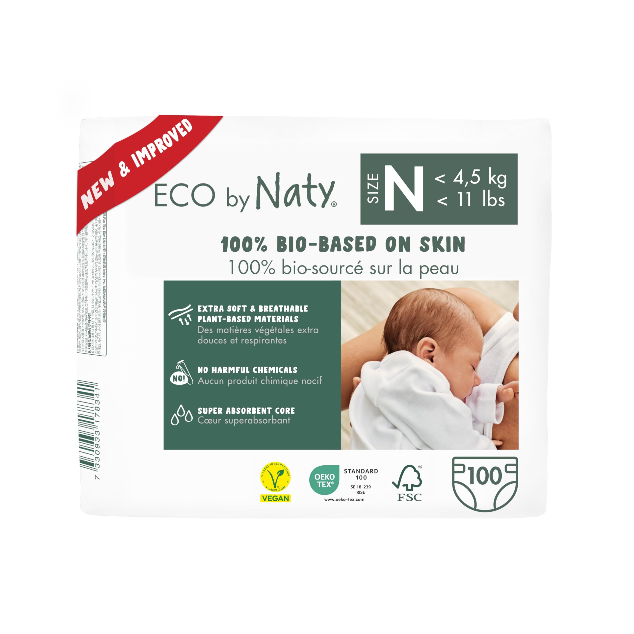 Naty Baby Nappies Newborn - 100% Plant-Based Materials on Skin, Soft, for Sensitive Skin & Super Absorbent (Size N, 100 Count)