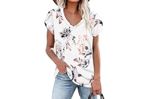 WNEEDU Summer T Shirts Women Tops Casual V Neck Shirts Petal Short Sleeve Tee Tops 2025 Basic Blouse
