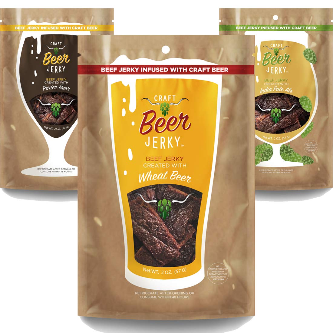 Beef Jerky Snack Pack -Wheat, Porter, IPA flavors. Beef Jerky Marinated in Craft Beer. Small Batch Premium Jerky