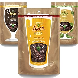 Beef Jerky Snack Pack -Wheat, Porter, IPA flavors. Beef Jerky Marinated in Craft Beer. Small Batch Premium Jerky