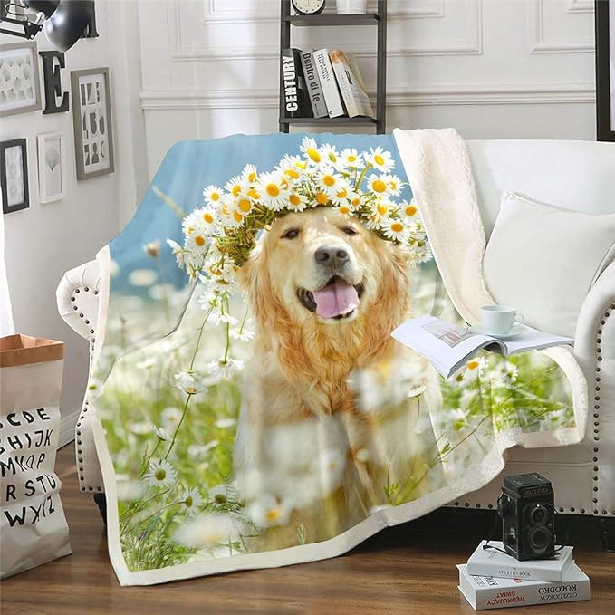 Cute Dog Printed Blanket 3D Golden Retriever Sherpa Blanket for Daisy Floral Flowers