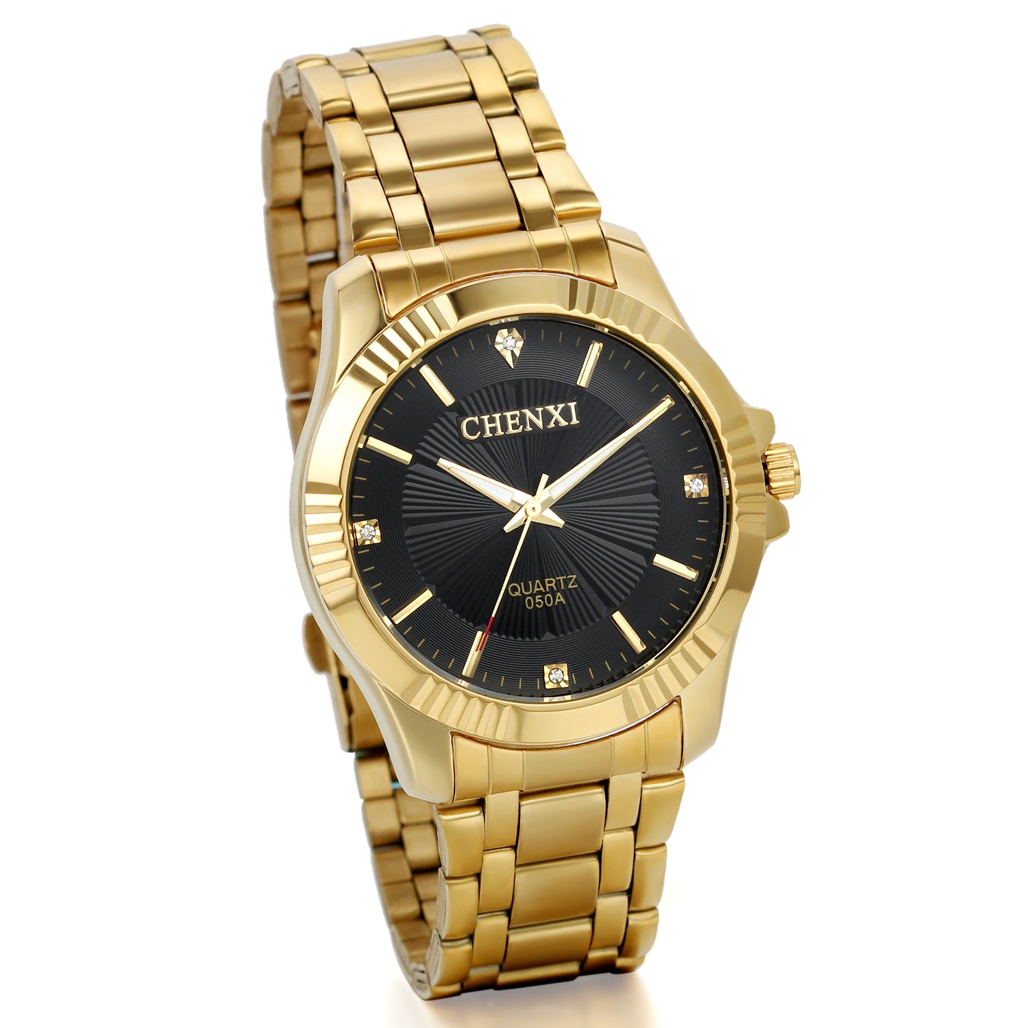 JewelryWe Golden Stainless Steel Mens Wrist Watch for Man Black Dial with Rhinstones