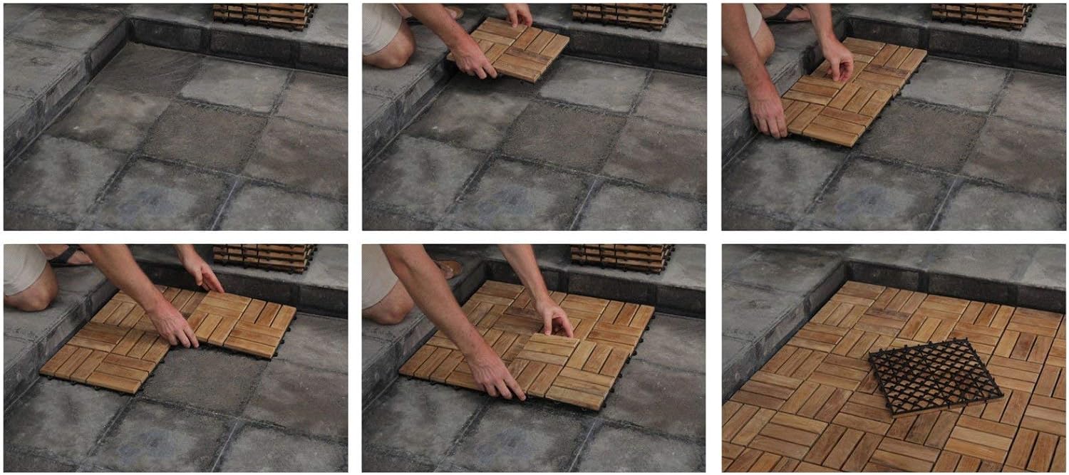 Bare Decor EZ-Floor Interlocking Flooring Tiles in Solid Teak Wood Oiled Finish (Set of 10), Long 9 Slat - - 