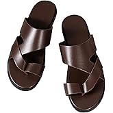 GORGLITTER Men's House Slippers Leather Slide 2025 Footwear Round Flip Flops Pu Slip on Sandals