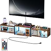 Qupui 47.2'' Wall-Mounted Floating TV Stand with LED Lighting, Modern Wooden Media Shelf Featuring Built-in USB Ports and Electrical Outlets. Under-TV Storage for Living Room, Bedroom, Brown