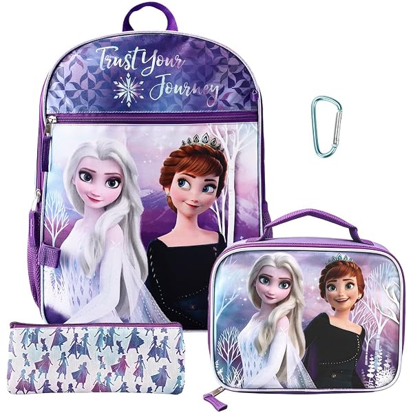 Set Zaino Frozen 4 Pezzi Bioworld - Zaino 40 Cm, Lunchbox, Valigetta E Clip - Per Bambina - Elsa E Anna
