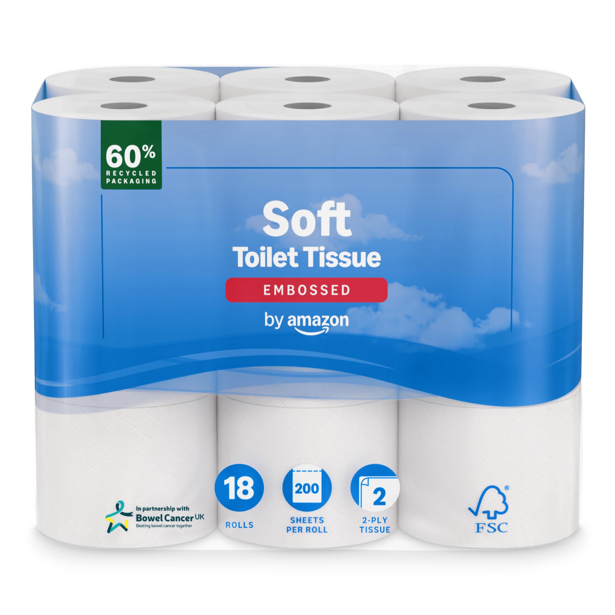 by Amazon Toilet Roll, 2-Ply Embossed, Soft and Gentle, 45 Rolls (5 Pack of 9), 200 Sheets per Roll, FSC Certified