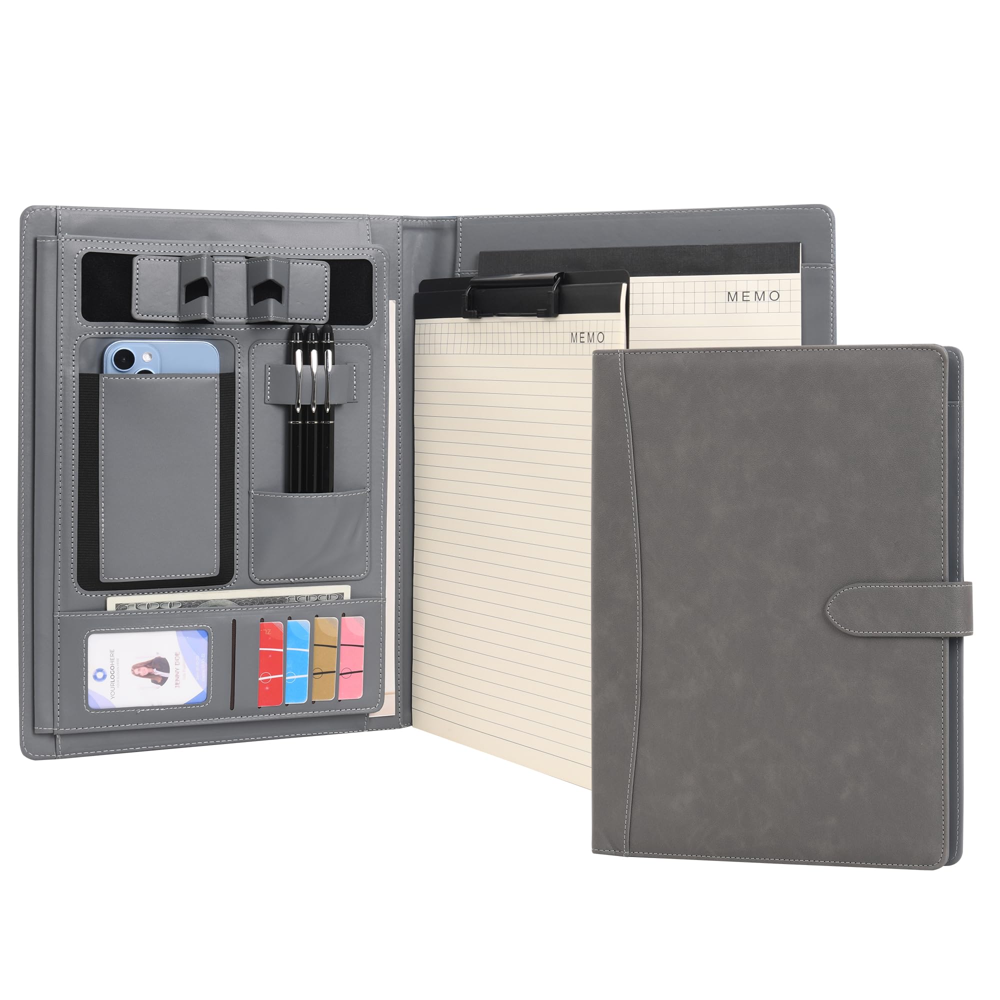 Wason Portfolio Padfolio A4 Leather PU Holder File Document Case with Writing Pad and Removable Clipboard for Organizer Office School Travel (Grey)