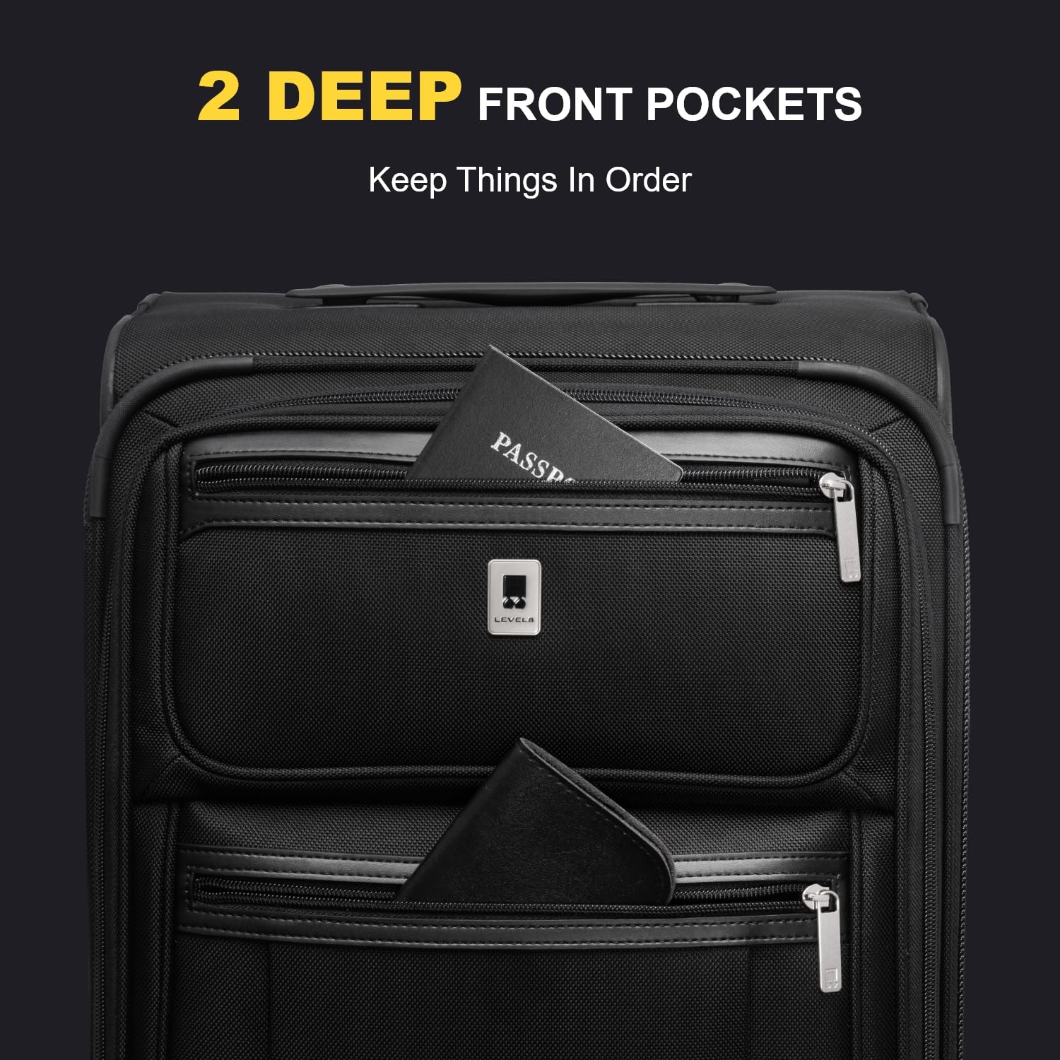 LEVEL8 Carry On Luggage Airline Approved with Compartment, Softside Expandable Rolling Suitcase with Spinner Wheels, Black, Carry-On 20-Inch