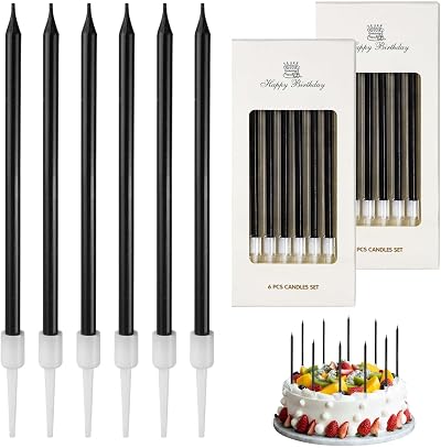 LFBEST Glitter Black Birthday Candles 12 Count with Holders for Cakes