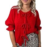 Women Trendy Bow Tie Sweater Cardigans Solid Color Puff Sleeve Loose Chunky Knited Jacket Open Front Knitwear (Red, S)