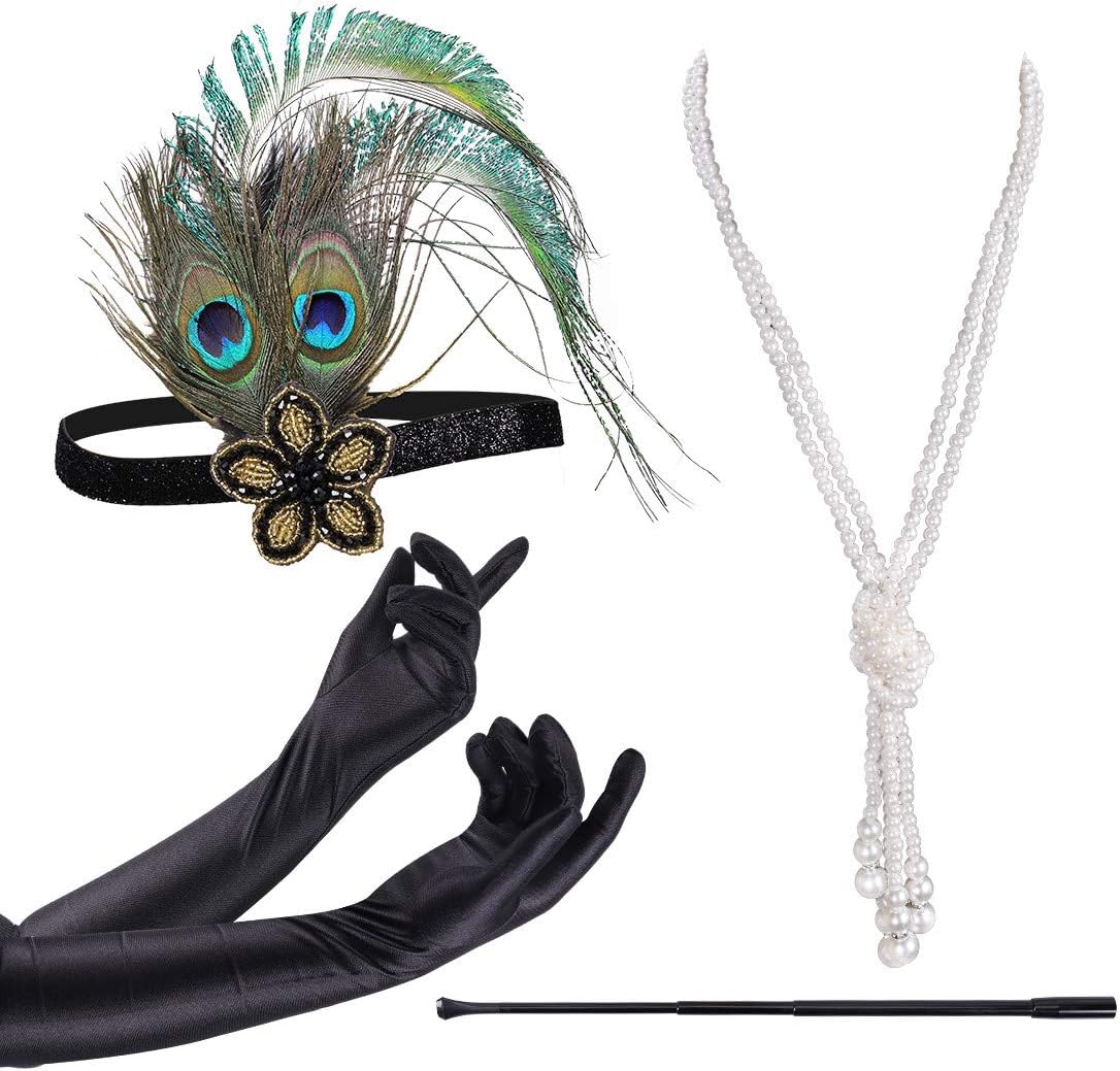 Garma 1920S Accessories Set for Women Flapper Costume Headpiece Gloves Necklace (6 Set Style 3)