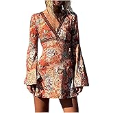 Milumia Women's Boho Paisley Print V Neck Bell Long Sleeve Dress Summer Flared Hem Mini Dresses