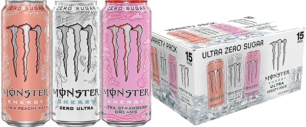 MONSTER ENERGY ULTRA VARIETY PACK, ZERO ULTRA, ULTRA PEACHY KEEN, ULTRA STRAWBERRY DREAMS, SUGAR FREE ENERGY DRINK, 16 OUNCE (PACK OF 15)