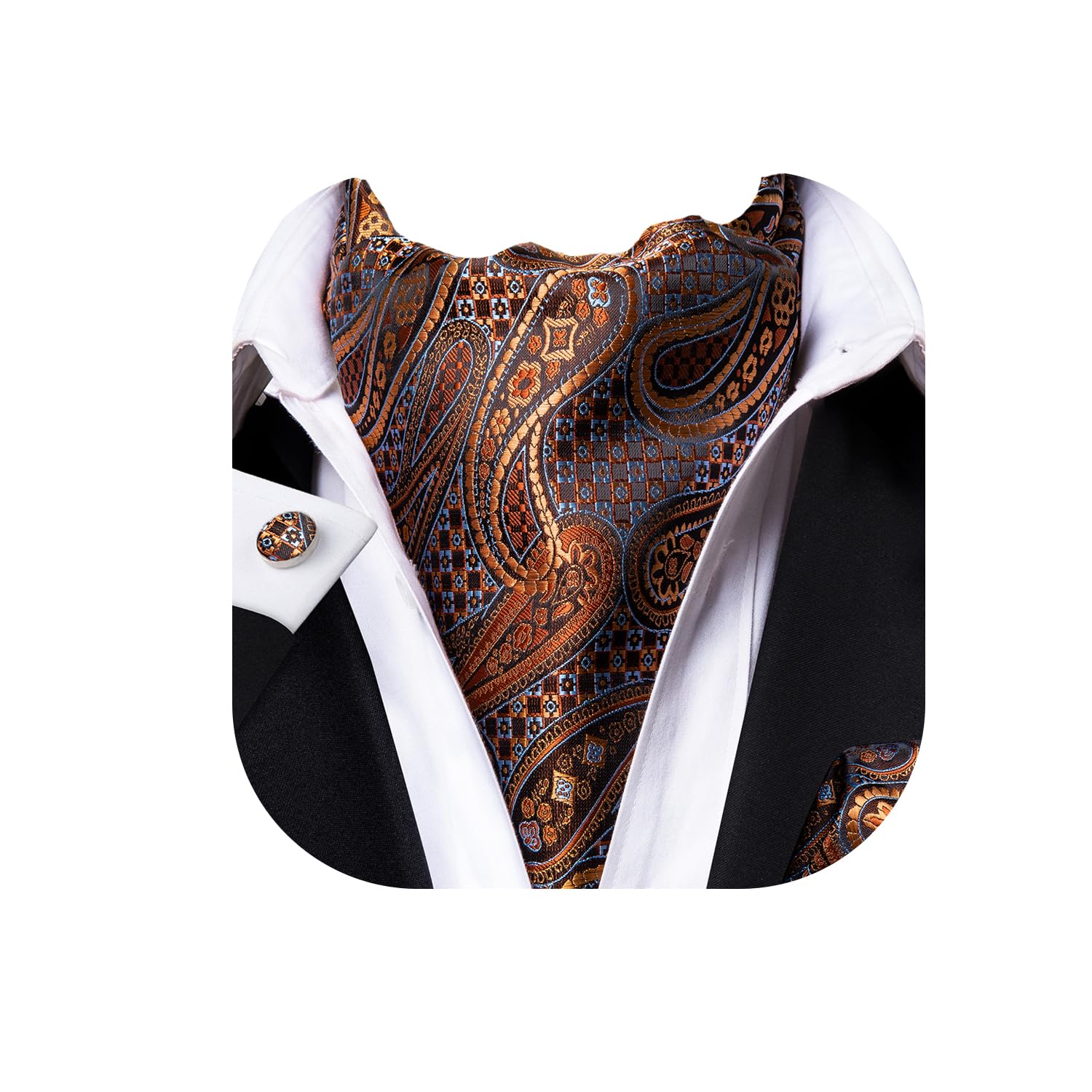 Dubulle Ascot for Men Mens Bronze Gold Paisley Floral Self Tie Cravat and Pocket Square Cufflinks Set Wedding Business