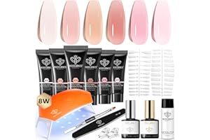 modelones Poly Gel Nail Kit 6 Colors with 8 W Nail Lamp Extension Gel Kit Jelly Milky White Pink Nude Complete Tools Beginner Thickening Solutions DIY at Home for Women