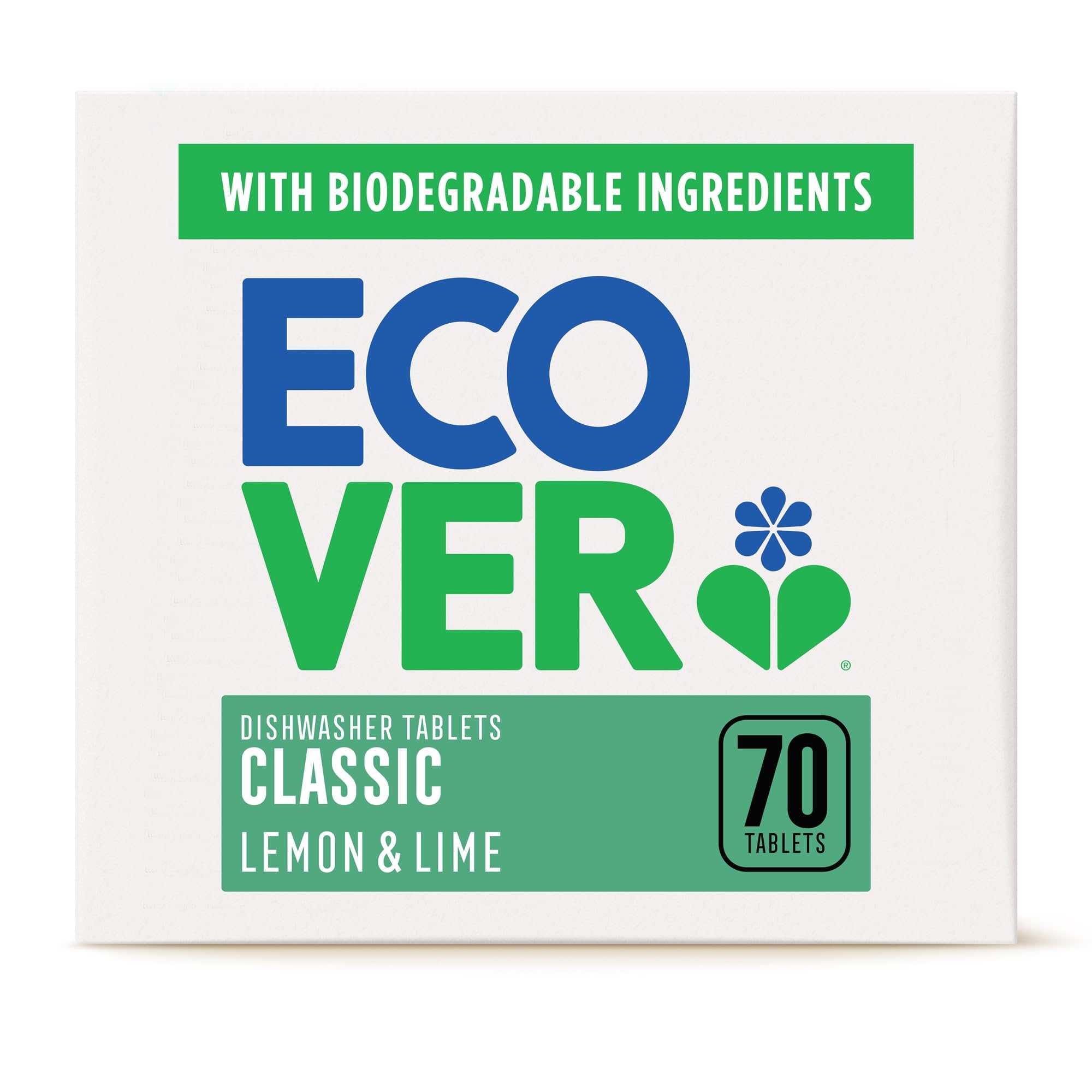 Ecover Classic Dishwasher Tablets, Contains Salt & Rinse Aid, Powerful Cleaning, Lemon & Lime Scent, Pack of 1, 70 Tablets