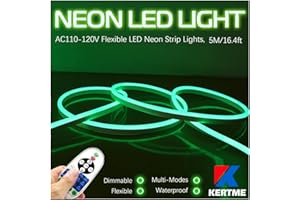 KERTME Neon Led Type AC 110-120V LED NEON Light Strip, Flexible/Waterproof/Dimmable/Multi-Modes LED Rope Light + 23 Keys Remote for Home/Garden/Building Decoration (16.4ft/5m, Green)