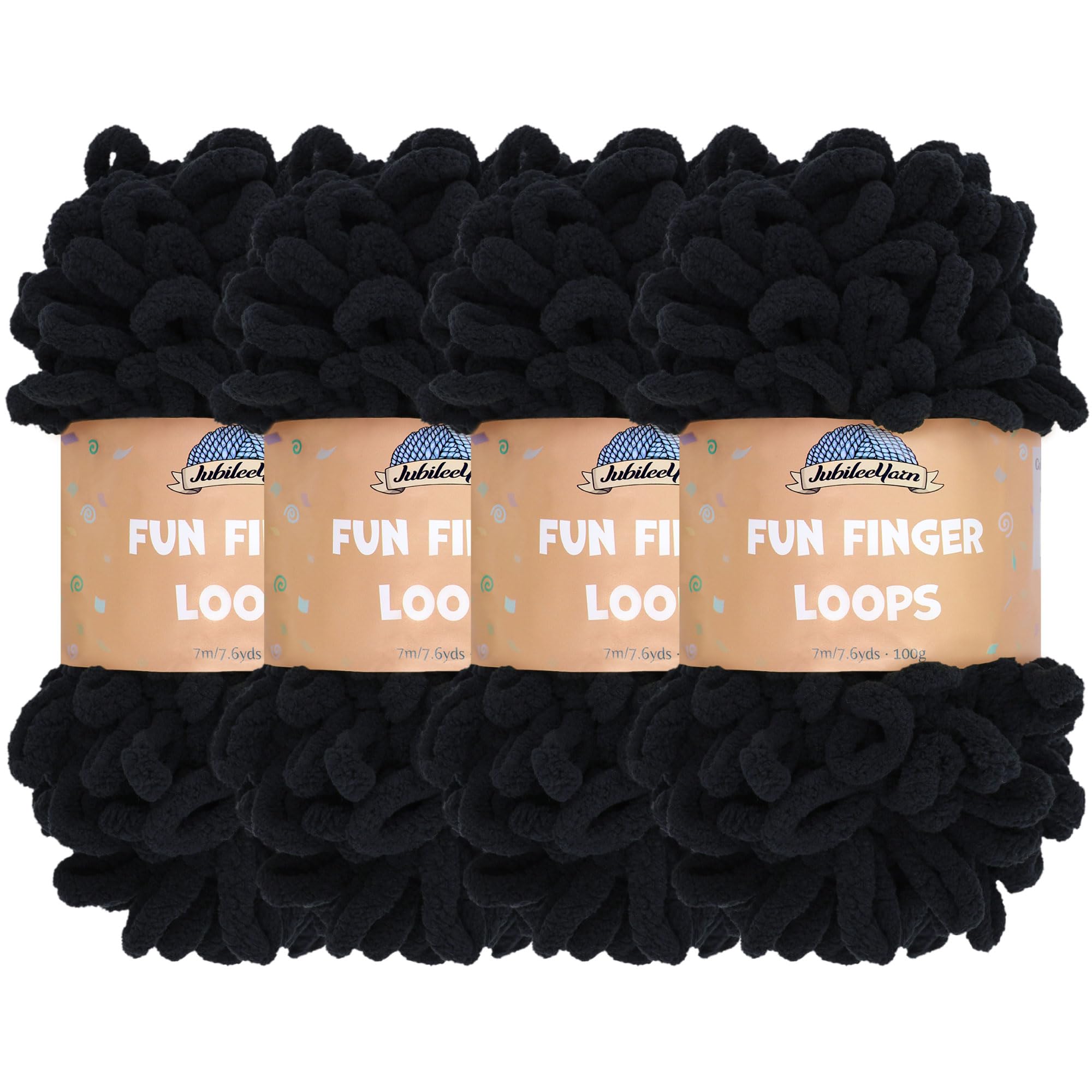 JubileeYarn Fun Finger Loops Yarn - Polyester Jumbo Weight Loop Yarn - 100g/Skein - Black - 4 Skeins