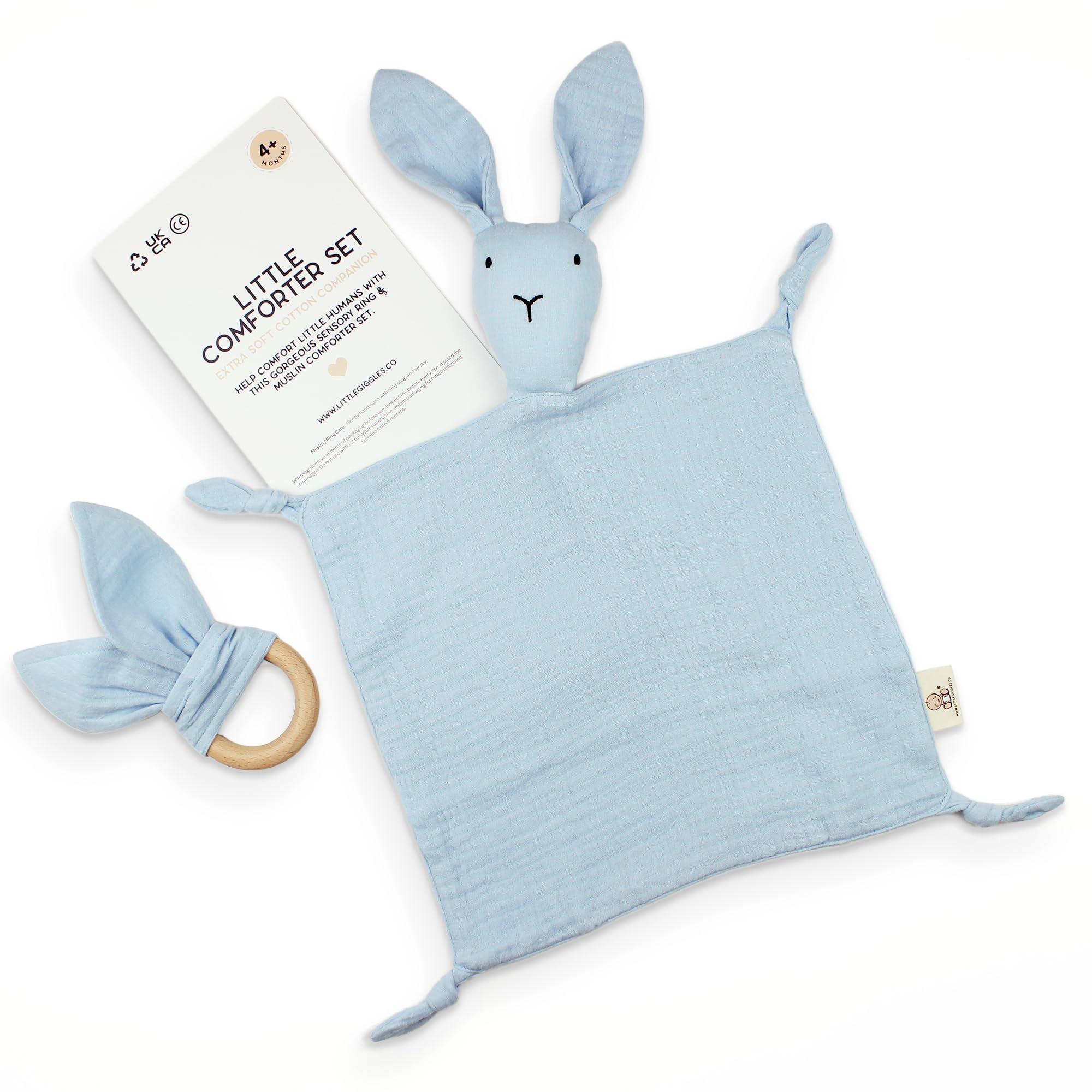 Little Giggles Co.® Bunny Baby Comforter - Soft Cotton Muslin Comforter Security Blanket & Sensory Toy in Baby Blue - Newborn Baby Boy Gifts