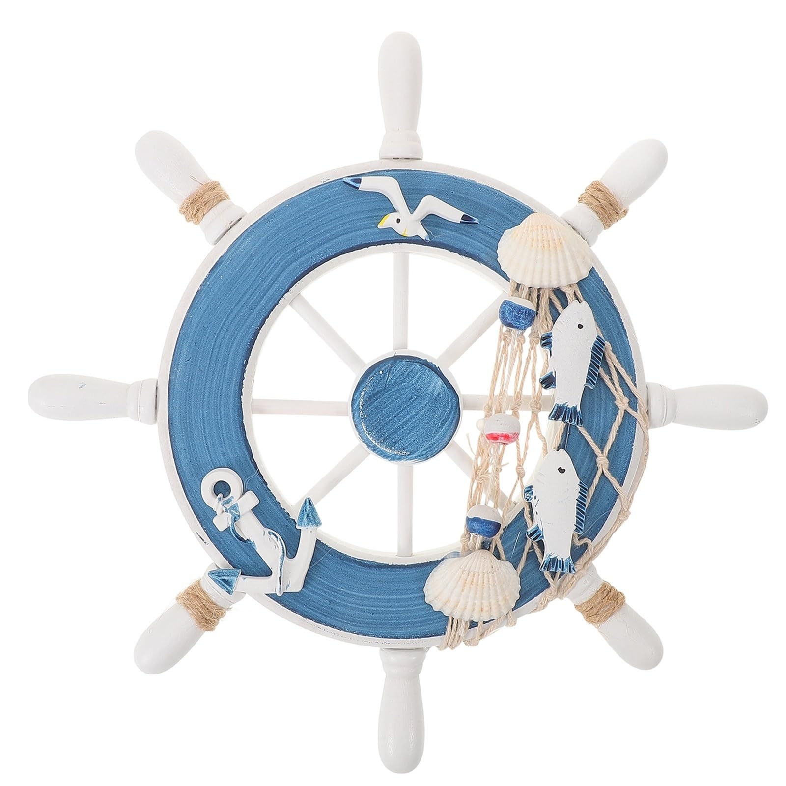 WINOMO Wooden Ship Steering Wheel with Fishing Net Anchor Seagull Nautical Wall Nautical Bathroom Accessories Seashell Conch Beach Theme Decoration Boat Accessories Sea Decor Seaside Ornament