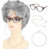 Gray Old Lady Costume Wig for Women with Glasses Chain Necklace - Short Curly Grey Grandma Wigs for Older Women Granny Outfit - Perfect for 100th Day of School Costume and Parties (Grey)