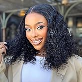 Hihmarm Curly Bob Wig Human Hair Glueless Water Wave Lace Front Wigs Human Hair Pre Plucked 13x6 HD Lace Deep Wave Frontal Bo